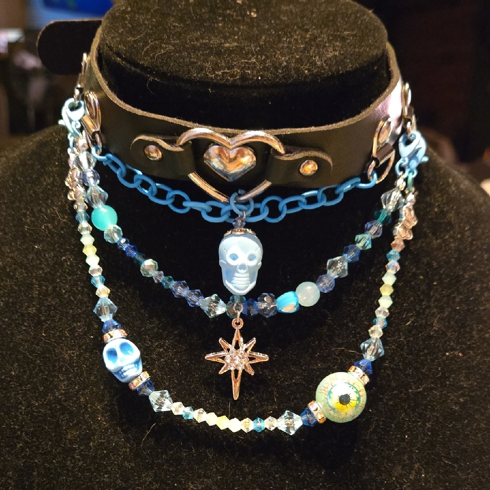 Edgy Black and Blue Skull Choker Necklace